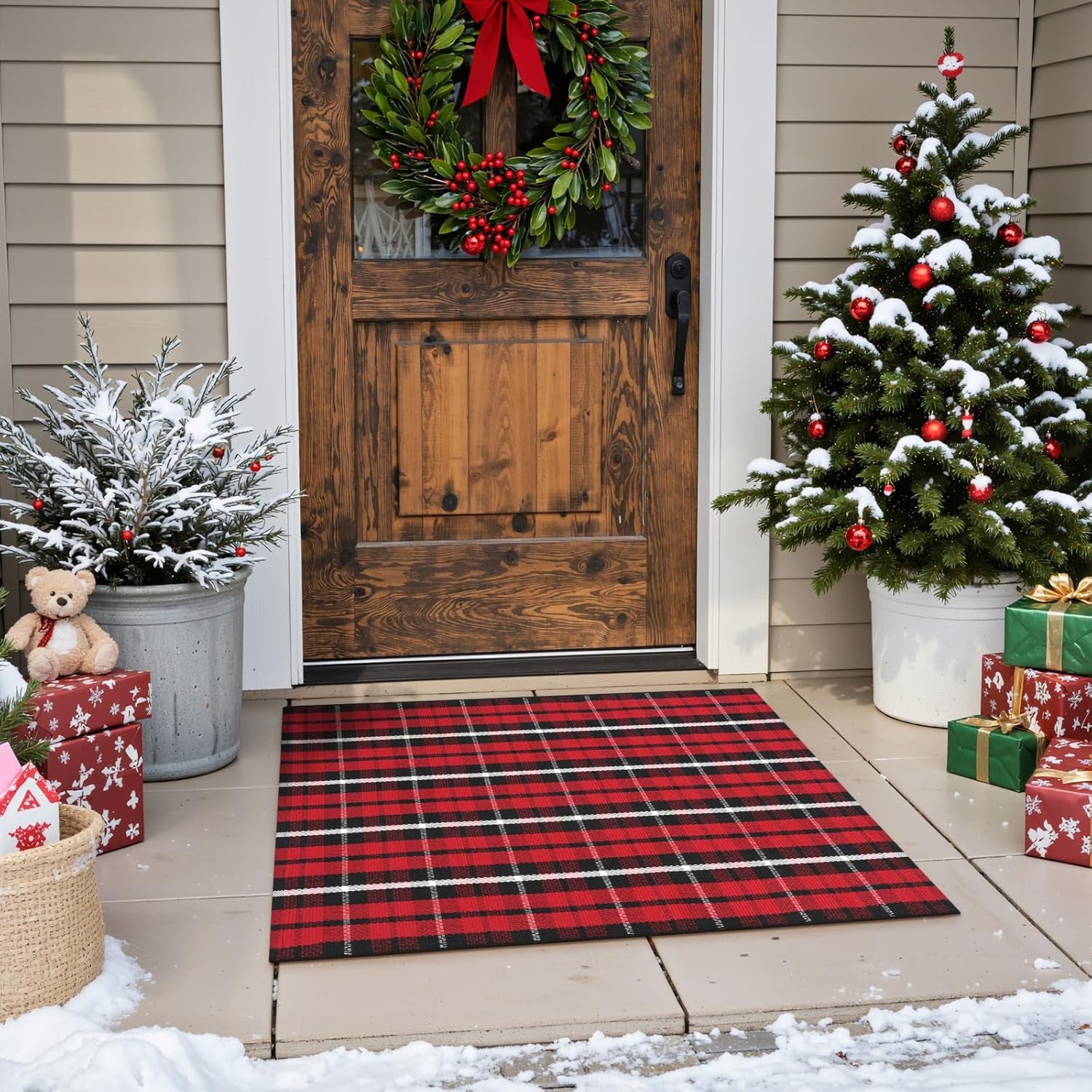 Christmas Outdoor Rug 2X3, Washable Buffalo Plaid Door Mat, Xmas Black and Red Checkered Front Porch Doormat, Welcome Layered Entryway Rugs, Christmas Rug Outdoor for Farmhouse/Bathroom Decor