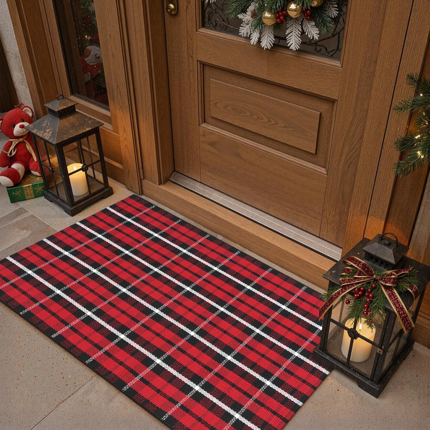 Christmas Outdoor Rug 2X3, Washable Buffalo Plaid Door Mat, Xmas Black and Red Checkered Front Porch Doormat, Welcome Layered Entryway Rugs, Christmas Rug Outdoor for Farmhouse/Bathroom Decor