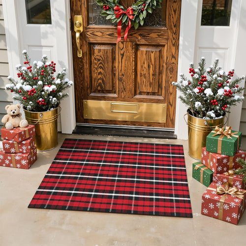 Christmas Outdoor Rug 2X3, Washable Buffalo Plaid Door Mat, Xmas Black and Red Checkered Front Porch Doormat, Welcome Layered Entryway Rugs, Christmas Rug Outdoor for Farmhouse/Bathroom Decor